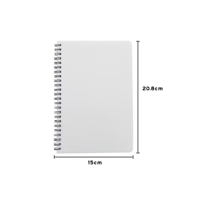 Caderno A5 com capa plástica sublimável, 60 folhas, dimensões Sekaisa