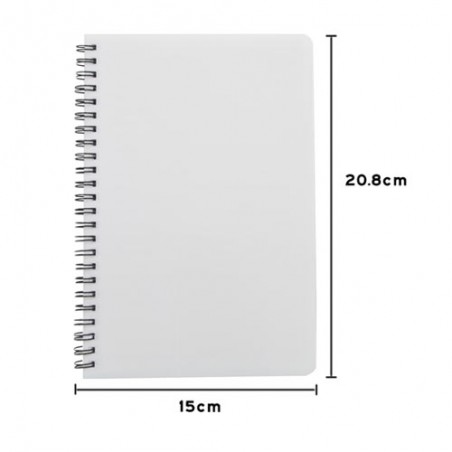 Caderno A5 com capa plástica sublimável, 60 folhas, dimensões Sekaisa