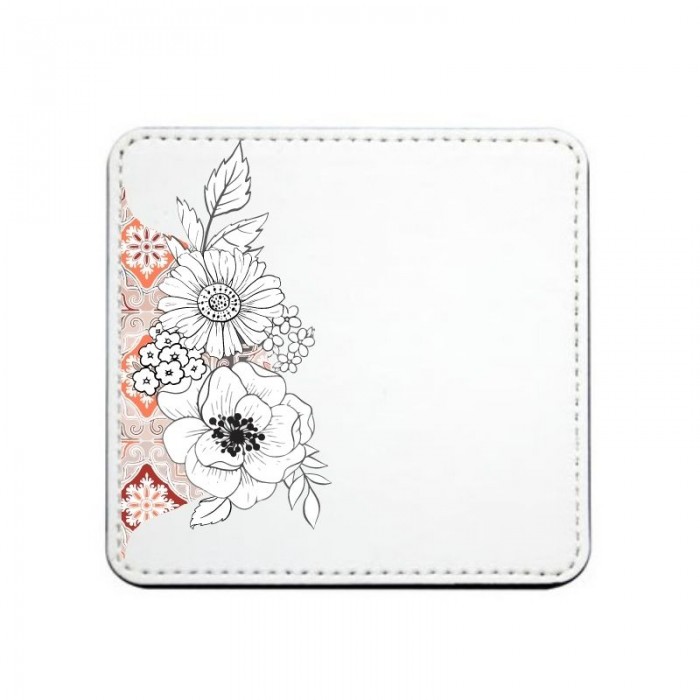 Porta-copos quadrado em imitação de couro, 10x10cm, com estampa floral.